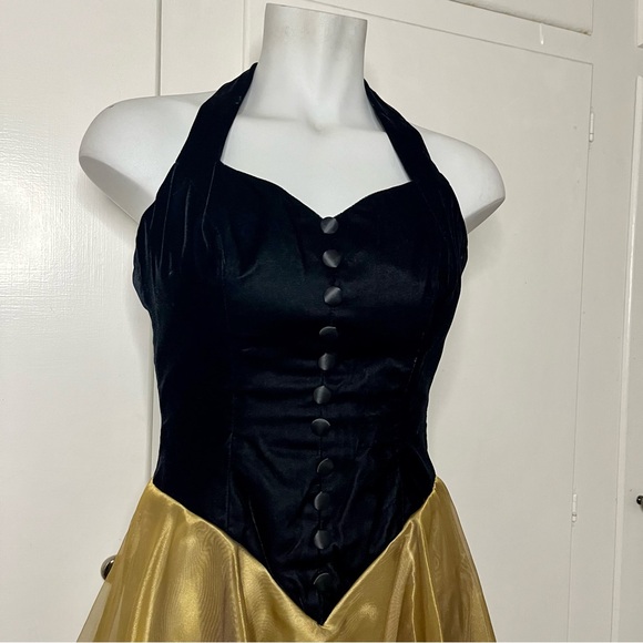 Vintage 80s De Laru Black Velvet Halter Gold Organza Skirt Mini Dress - Picture 3 of 8